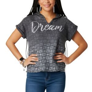 VTG 90s Y2K Kandy Kiss Gray "Dream" Floral Cropped Hooded Sweatshirt Sz XL